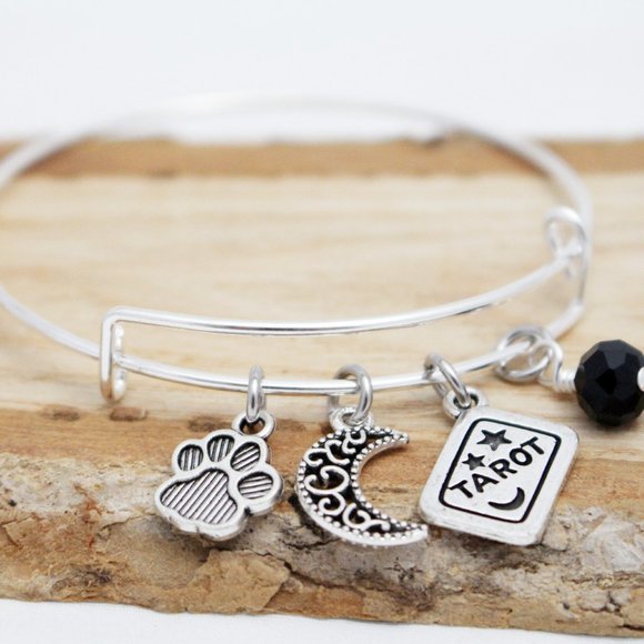 Paw Print, Filigree Moon & Tarot Card Adjustable Charm Bangle - Handcraf… - Picture 3 of 4